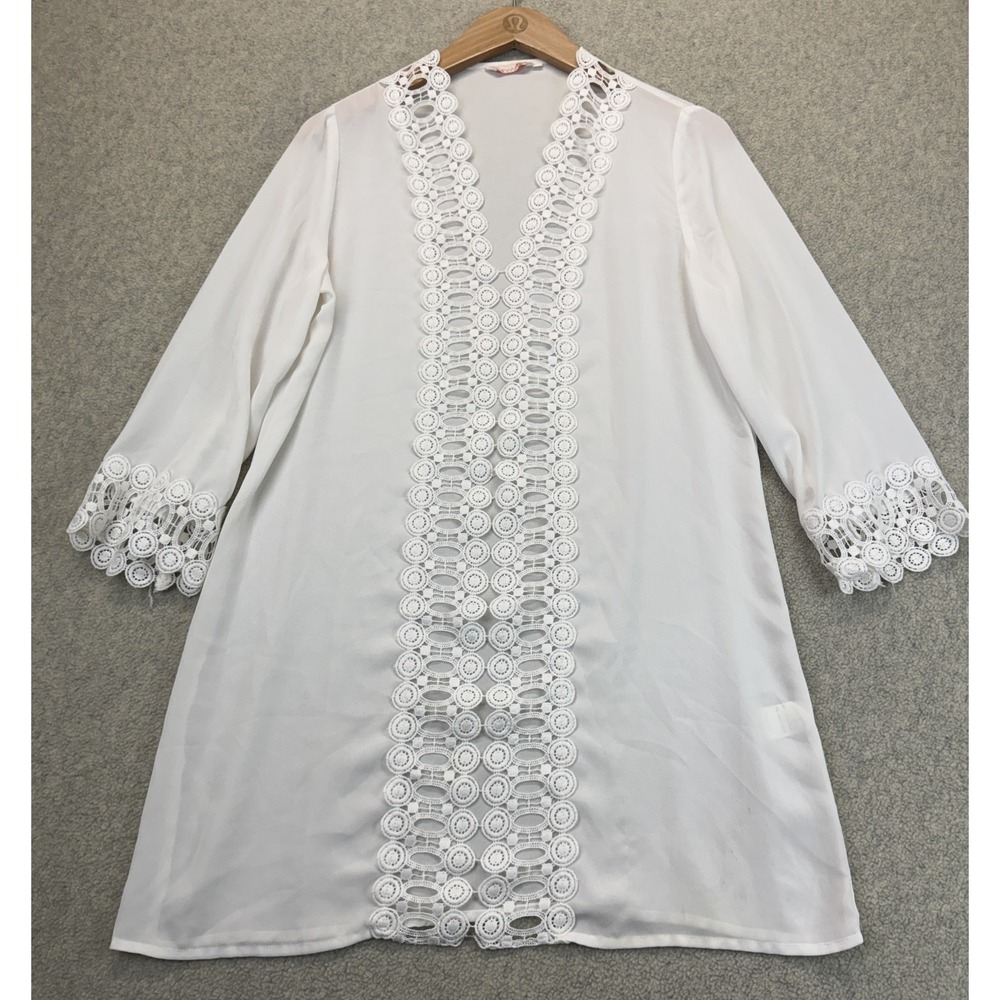 Miyang Womens Tunic Cover Up White Crochet Lace Trim 3/4 Sleeve V-Neck Boho XS
